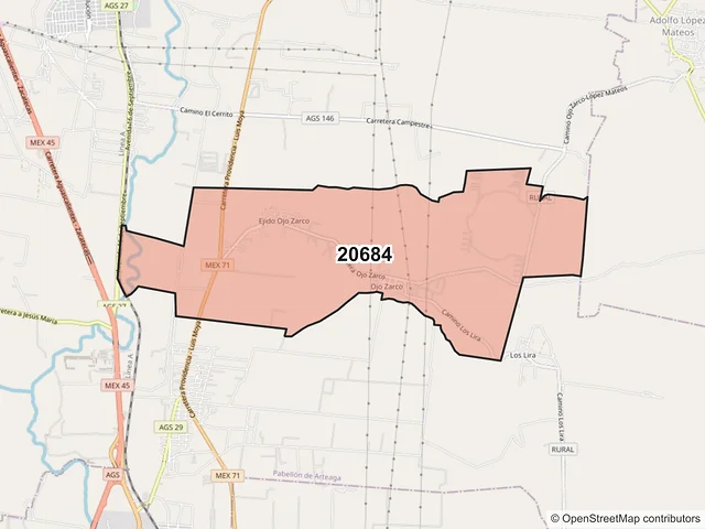 Mapa del código postal 20684, Pabellón de Arteaga, Aguascalientes