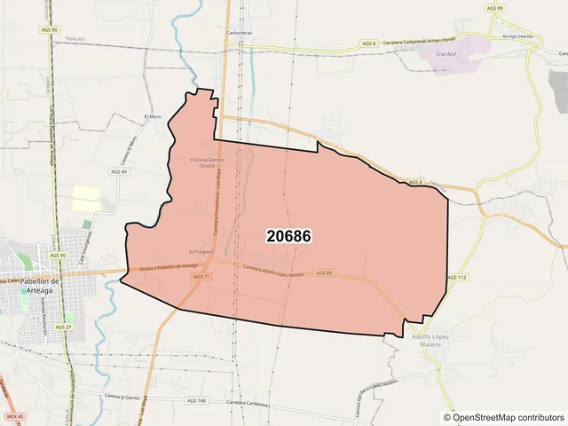 Mapa del código postal 20686, Pabellón de Arteaga, Aguascalientes