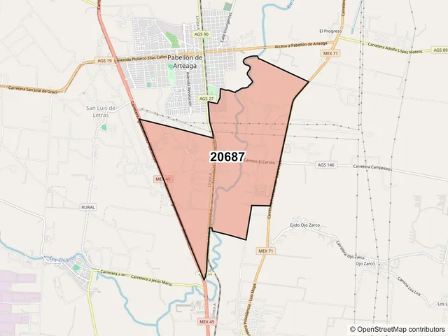 Mapa del código postal 20687, Pabellón de Arteaga, Aguascalientes