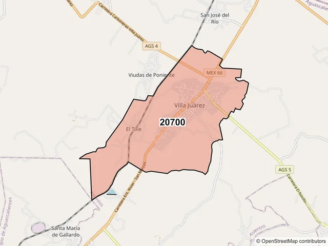 Mapa del código postal 20700, Asientos, Aguascalientes