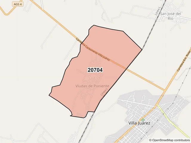 Mapa del código postal 20704, Asientos, Aguascalientes