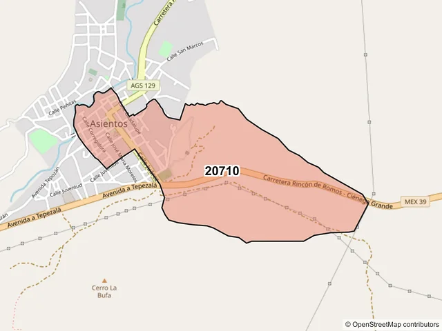 Mapa del código postal 20710, Asientos, Aguascalientes