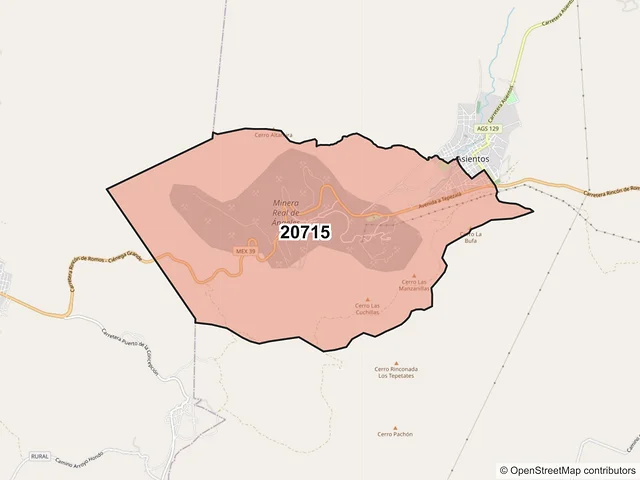 Mapa del código postal 20715, Asientos, Aguascalientes