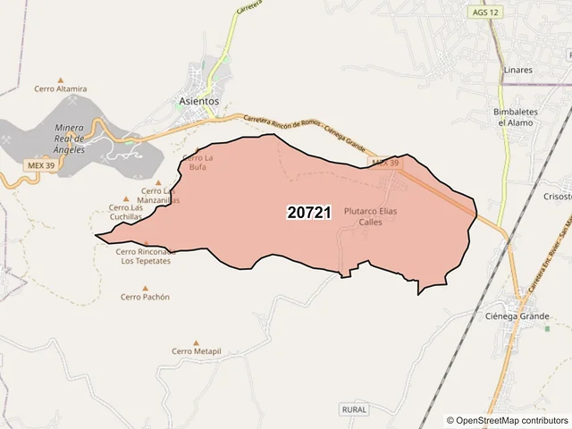 Mapa del código postal 20721, Asientos, Aguascalientes