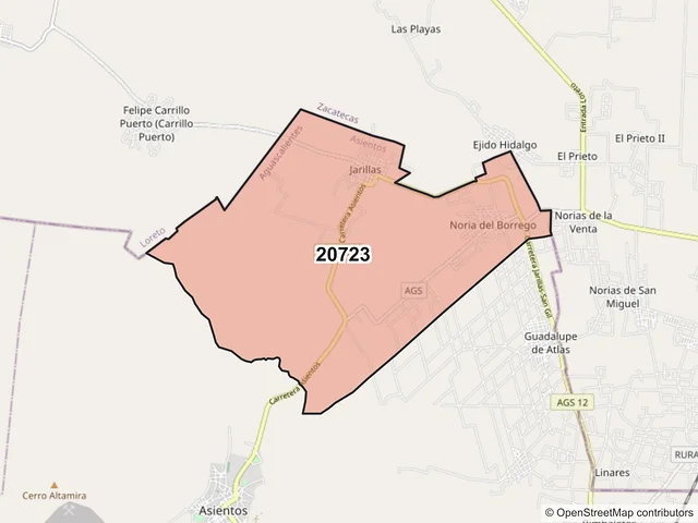 Mapa del código postal 20723, Asientos, Aguascalientes
