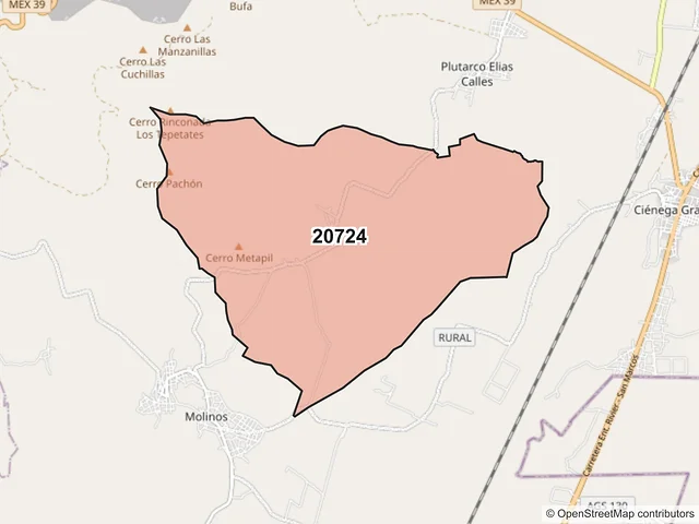 Mapa del código postal 20724, Asientos, Aguascalientes