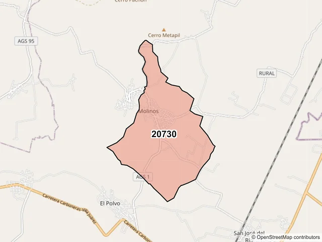 Mapa del código postal 20730, Asientos, Aguascalientes