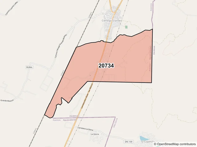 Mapa del código postal 20734, Asientos, Aguascalientes