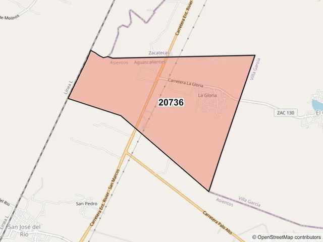 Mapa del código postal 20736, Asientos, Aguascalientes