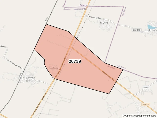 Mapa del código postal 20739, Asientos, Aguascalientes
