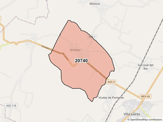 Mapa del código postal 20740, Asientos, Aguascalientes