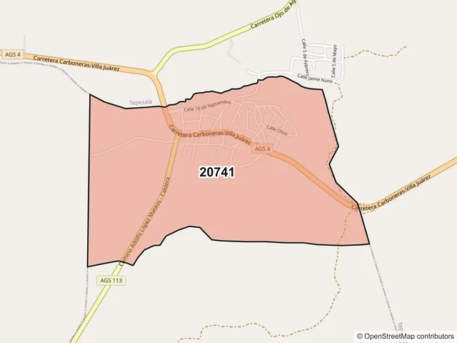 Mapa del código postal 20741, Asientos, Aguascalientes