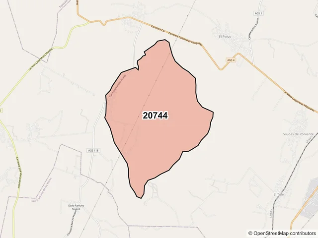 Mapa del código postal 20744, Asientos, Aguascalientes