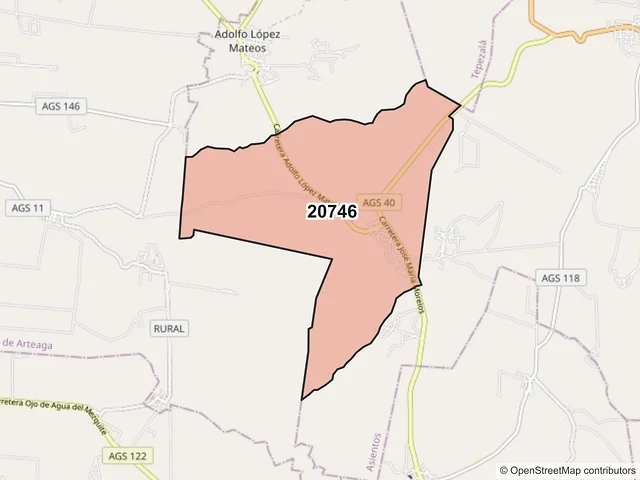 Mapa del código postal 20746, Asientos, Aguascalientes