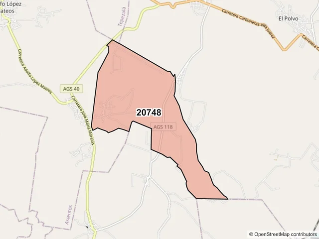 Mapa del código postal 20748, Asientos, Aguascalientes