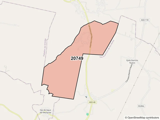 Mapa del código postal 20749, Asientos, Aguascalientes