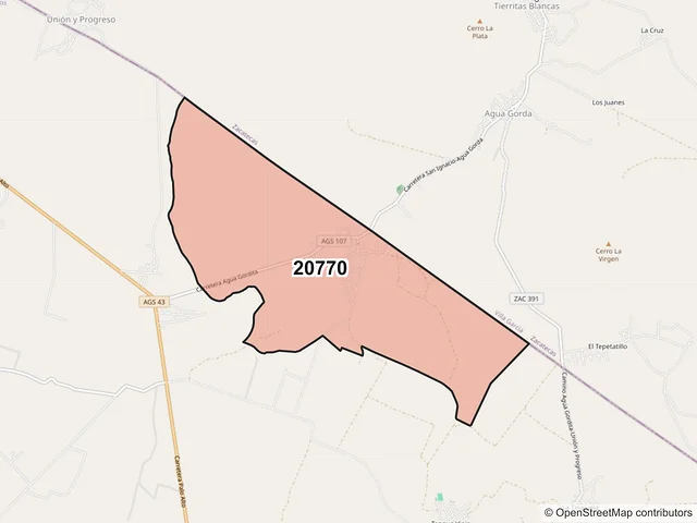 Mapa del código postal 20770, Asientos, Aguascalientes