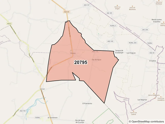Mapa del código postal 20795, Asientos, Aguascalientes