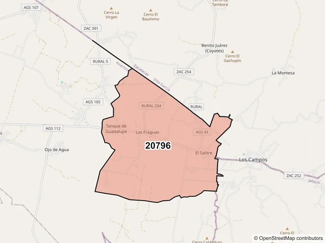 Mapa del código postal 20796, Asientos, Aguascalientes