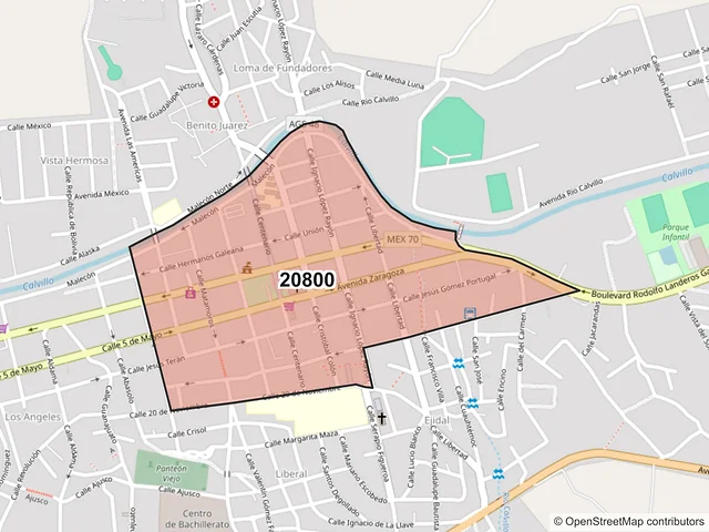 Mapa del código postal 20800, Calvillo, Aguascalientes