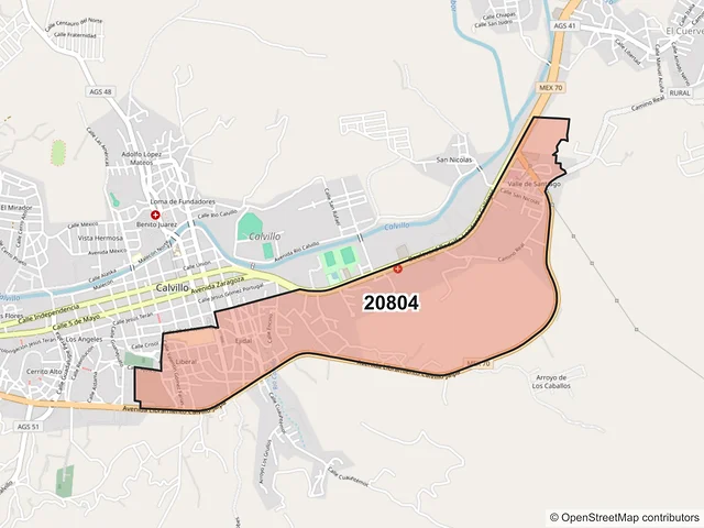 Mapa del código postal 20804, Calvillo, Aguascalientes