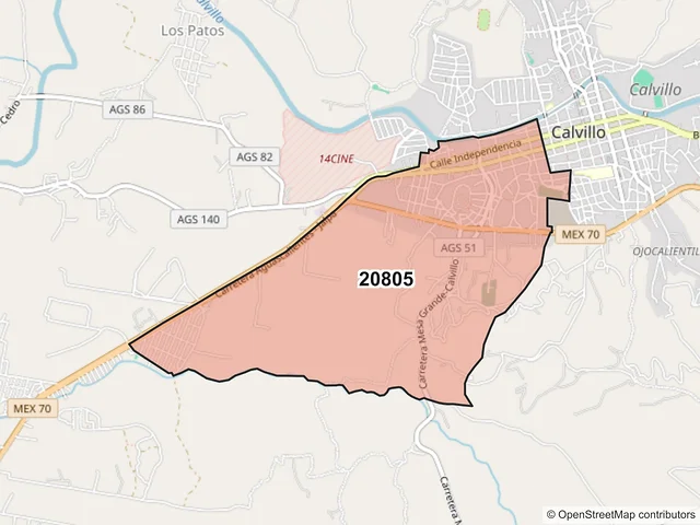 Mapa del código postal 20805, Calvillo, Aguascalientes