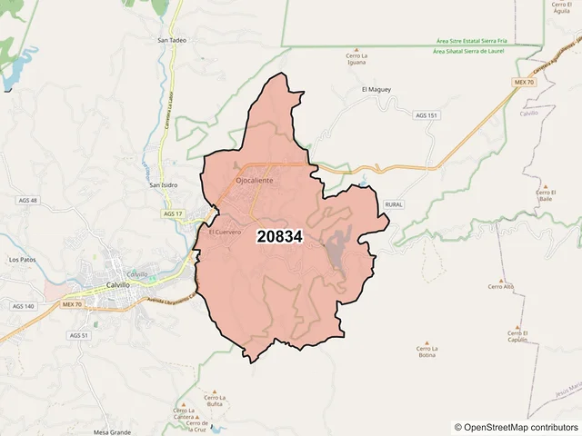 Mapa del código postal 20834, Calvillo, Aguascalientes