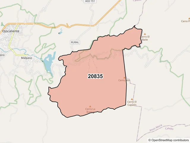 Mapa del código postal 20835, Calvillo, Aguascalientes