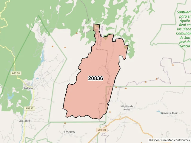 Mapa del código postal 20836, Calvillo, Aguascalientes