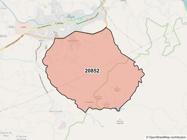 Mapa del código postal 20852, Calvillo, Aguascalientes