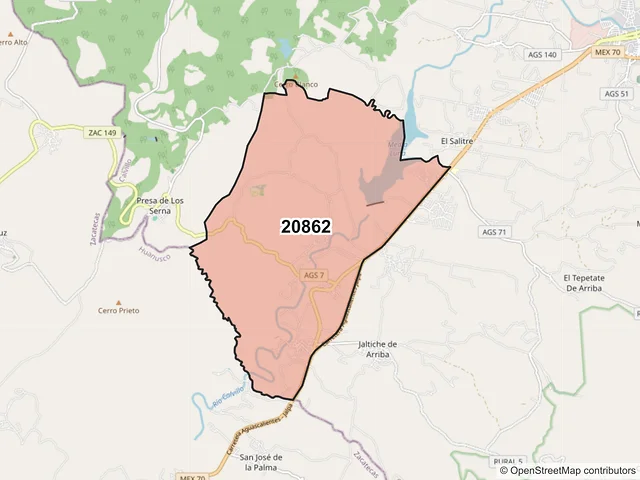 Mapa del código postal 20862, Calvillo, Aguascalientes
