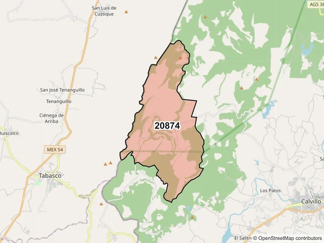 Mapa del código postal 20874, Calvillo, Aguascalientes
