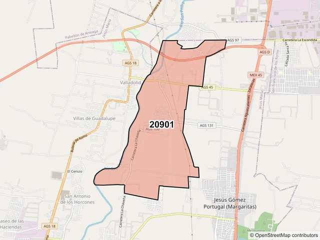 Mapa del código postal 20901, Jesús María, Aguascalientes