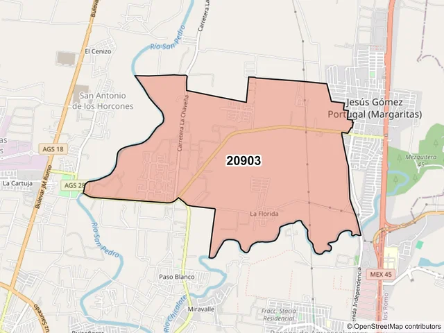 Mapa del código postal 20903, Jesús María, Aguascalientes