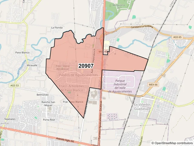 Mapa del código postal 20907, Jesús María, Aguascalientes