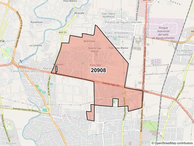 Mapa del código postal 20908, Jesús María, Aguascalientes