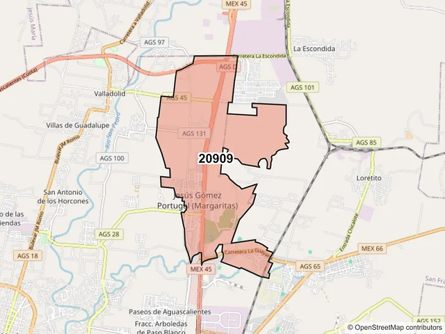 Mapa del código postal 20909, Jesús María, Aguascalientes