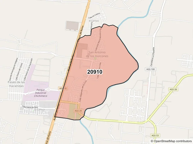 Mapa del código postal 20910, Jesús María, Aguascalientes