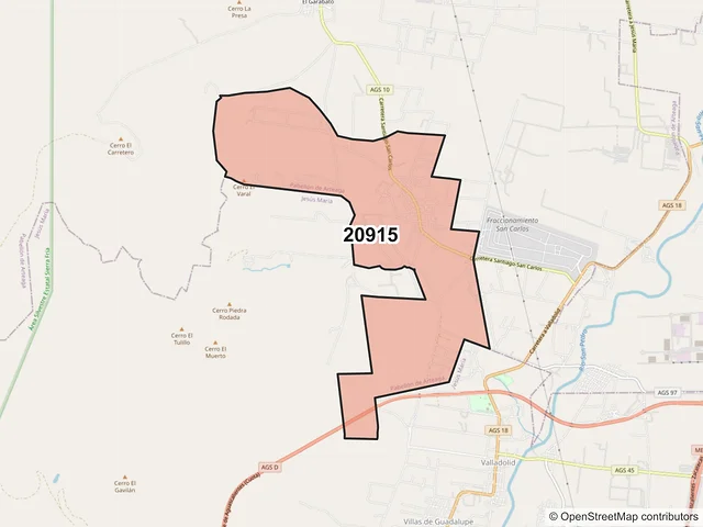 Mapa del código postal 20915, Jesús María, Aguascalientes