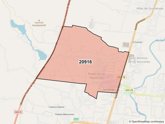 Mapa del código postal 20916, Jesús María, Aguascalientes