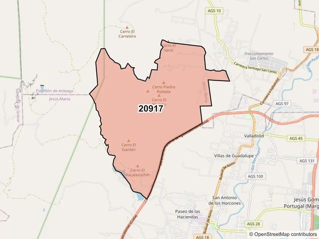 Mapa del código postal 20917, Jesús María, Aguascalientes