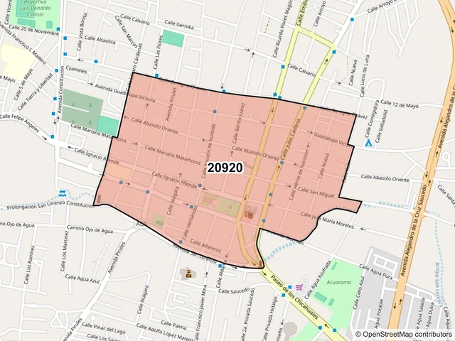 Mapa del código postal 20920, Jesús María, Aguascalientes