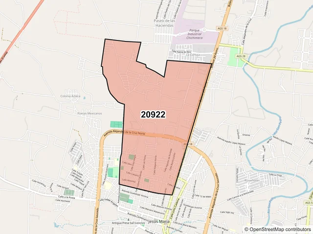 Mapa del código postal 20922, Jesús María, Aguascalientes