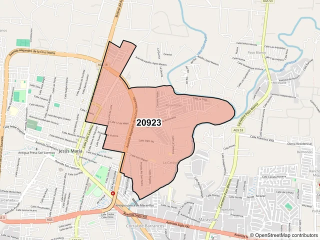 Mapa del código postal 20923, Jesús María, Aguascalientes