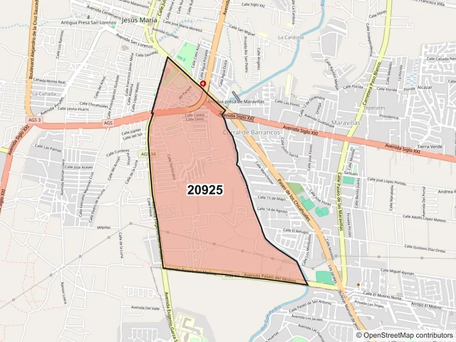 Mapa del código postal 20925, Jesús María, Aguascalientes
