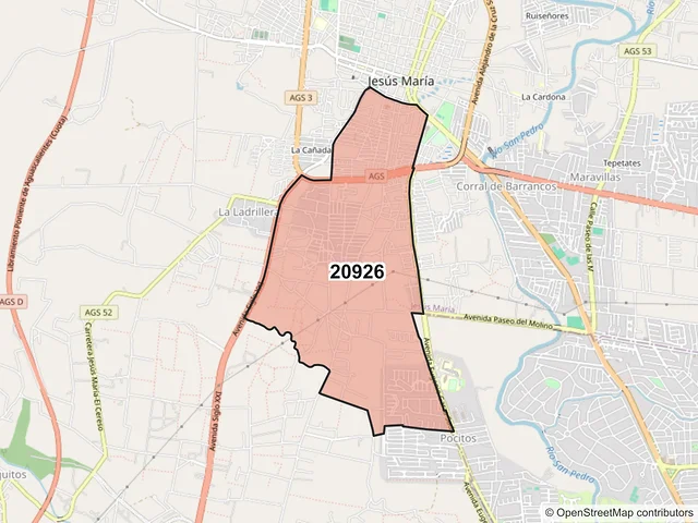Mapa del código postal 20926, Jesús María, Aguascalientes