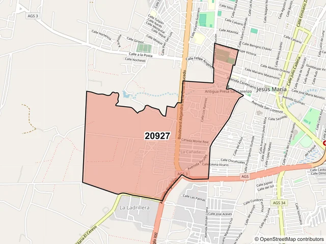 Mapa del código postal 20927, Jesús María, Aguascalientes