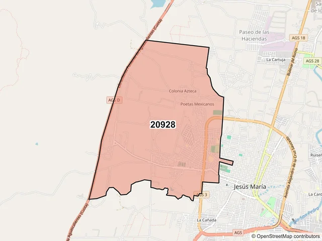Mapa del código postal 20928, Jesús María, Aguascalientes