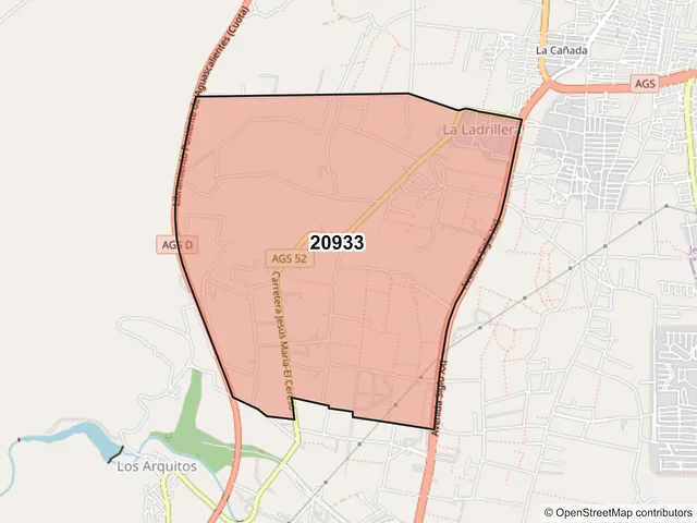 Mapa del código postal 20933, Jesús María, Aguascalientes