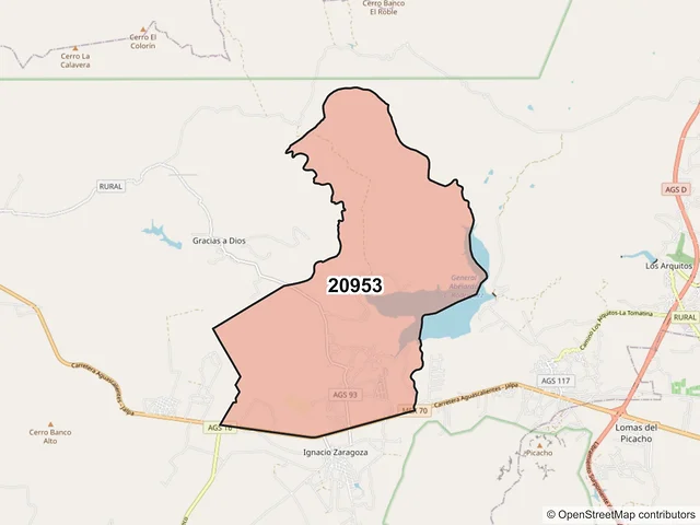 Mapa del código postal 20953, Jesús María, Aguascalientes